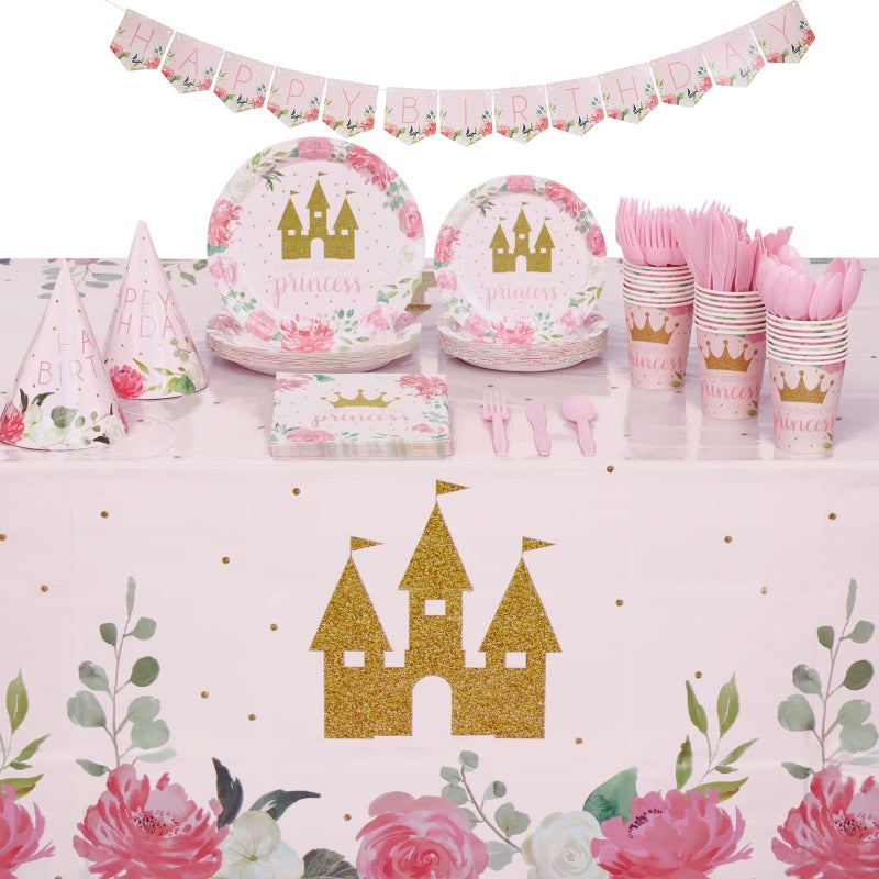 BLUE PANDA Princess Decorations for Birthday Party Kit 194Piece Pink Floral Gold Castle Theme Plates Napkins Cups Cutlery Banner Tablecloth Hats Princess Tea Party Decorations - Image 2