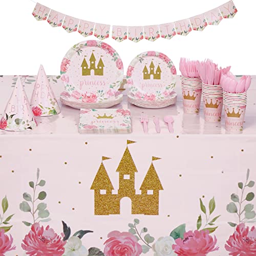 BLUE PANDA Princess Decorations for Birthday Party Kit 194Piece Pink Floral Gold Castle Theme Plates Napkins Cups Cutlery Banner Tablecloth Hats Princess Tea Party Decorations - Image 1