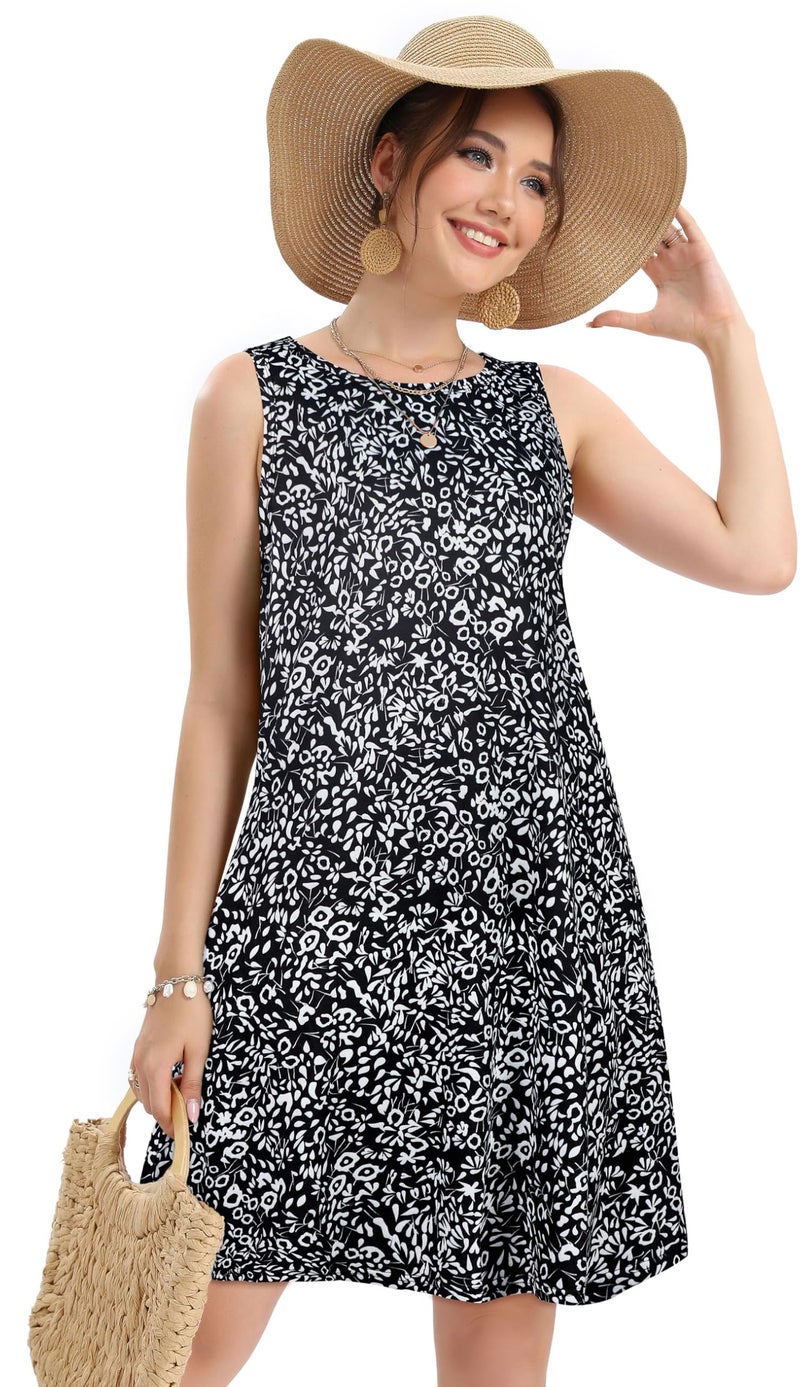 elescat Floral Dresses for Women Summer Beach Sleeveless Sundress Pockets Swing Casual Loose Tshirt Dress(Small Floral Black,XL) - Image 3