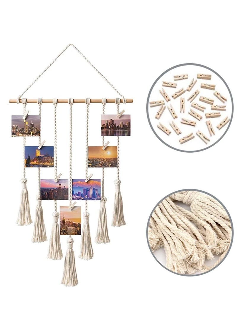 Bukela Macrame Wall Hanging Photo Card Display With Wood Clips Hanging Pictures Organizer Bohemian Handmade Woven Tapestry Home Decor, 27"L x 17''W - Image 1