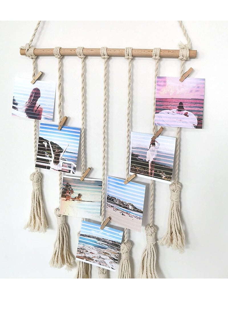 Bukela Macrame Wall Hanging Photo Card Display With Wood Clips Hanging Pictures Organizer Bohemian Handmade Woven Tapestry Home Decor, 27"L x 17''W - Image 4