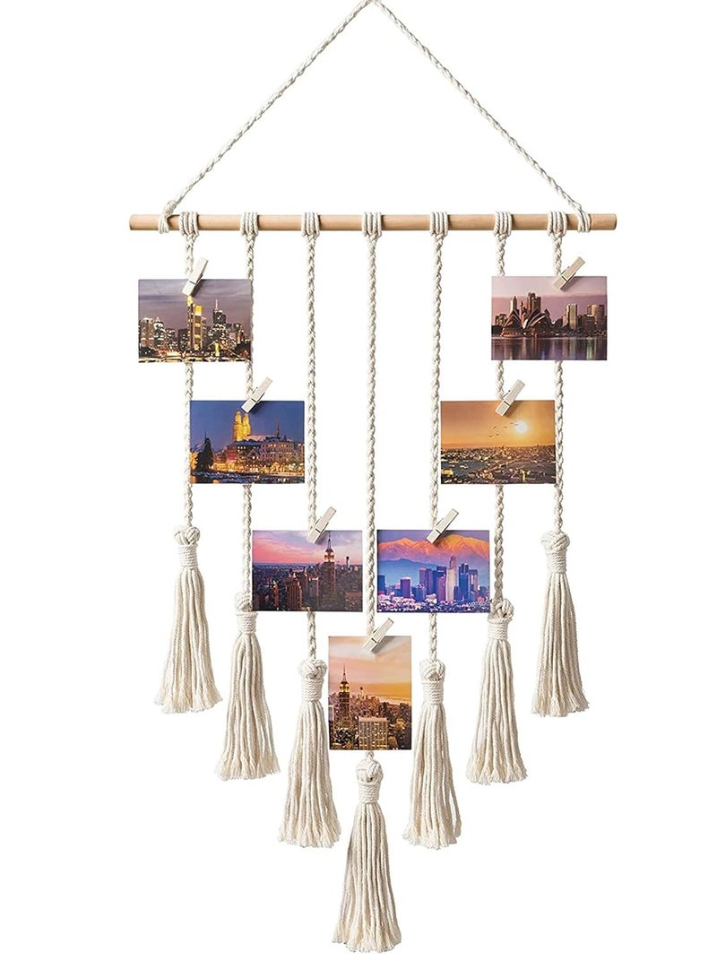 Bukela Macrame Wall Hanging Photo Card Display With Wood Clips Hanging Pictures Organizer Bohemian Handmade Woven Tapestry Home Decor, 27"L x 17''W - Image 3