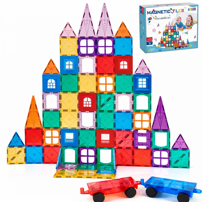 AFUNX Magnetic Tiles102PCS Magnetic Building Blocks 3D Clear Construction Playboards Inspiration Creativity Beyond Imagination Educational Magnet Toy Set for Kids with 2 Cars - Image 2