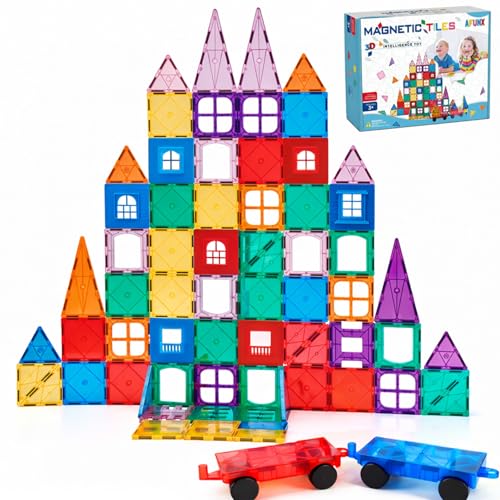 AFUNX Magnetic Tiles102PCS Magnetic Building Blocks 3D Clear Construction Playboards Inspiration Creativity Beyond Imagination Educational Magnet Toy Set for Kids with 2 Cars - Image 1