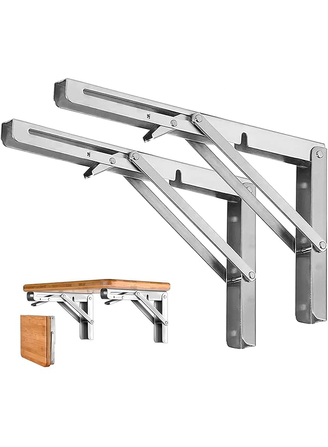 S-TOP Folding Shelf Brackets - Heavy Duty Stainless Steel Collapsible Shelf Bracket for Bench Table, Space Saving DIY Bracket, Max Load: 550lb （Long :12” , 2 PCS） - Image 1
