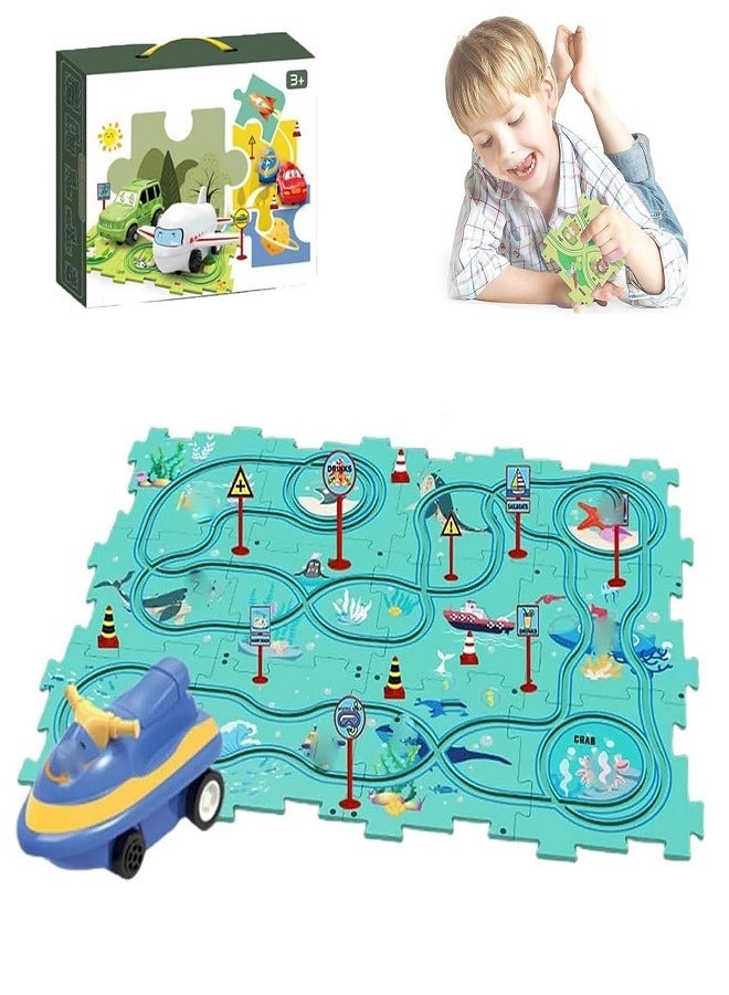 Puzzle Racer Car Track, Puzzle Racer Kids Car Track Set, Puzzle Track Car Play Set, Puzzle Car Track Toy, Puzzle Vehicle Track, Puzzle Raceway Kids Car Track Set  - Image 1