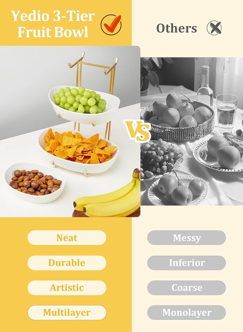 Yedio Fruit Bowls for Kitchen Counter No Assembly Required 3 Tier Porcelain Serving Bowls with Metal Stand Tiered Fruit Basket for Fruit Vegetable Storage Snack Nuts Cake Dessert - Image 3