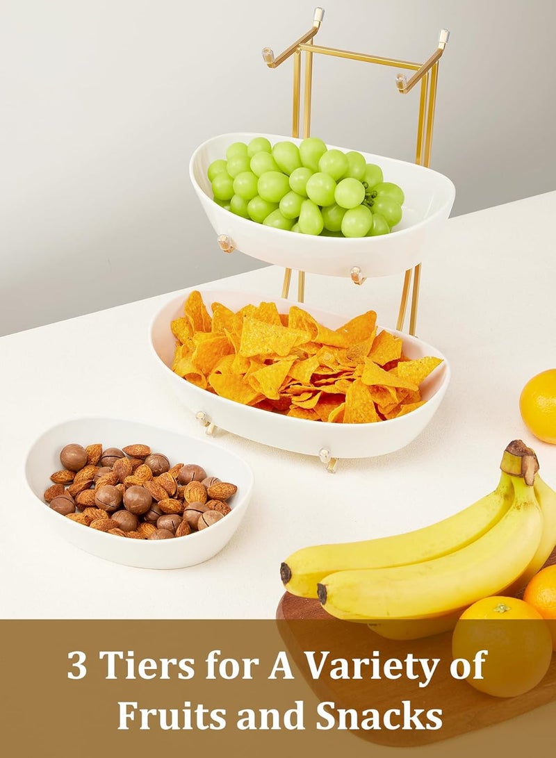 Yedio Fruit Bowls for Kitchen Counter No Assembly Required 3 Tier Porcelain Serving Bowls with Metal Stand Tiered Fruit Basket for Fruit Vegetable Storage Snack Nuts Cake Dessert - Image 5