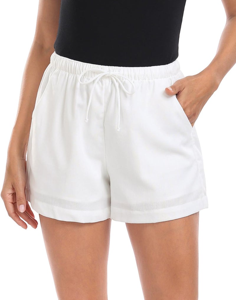 HDE Women's Linen Blend Drawstring Shorts High Waisted 4" Inseam Summer Shorts White - M - Image 1