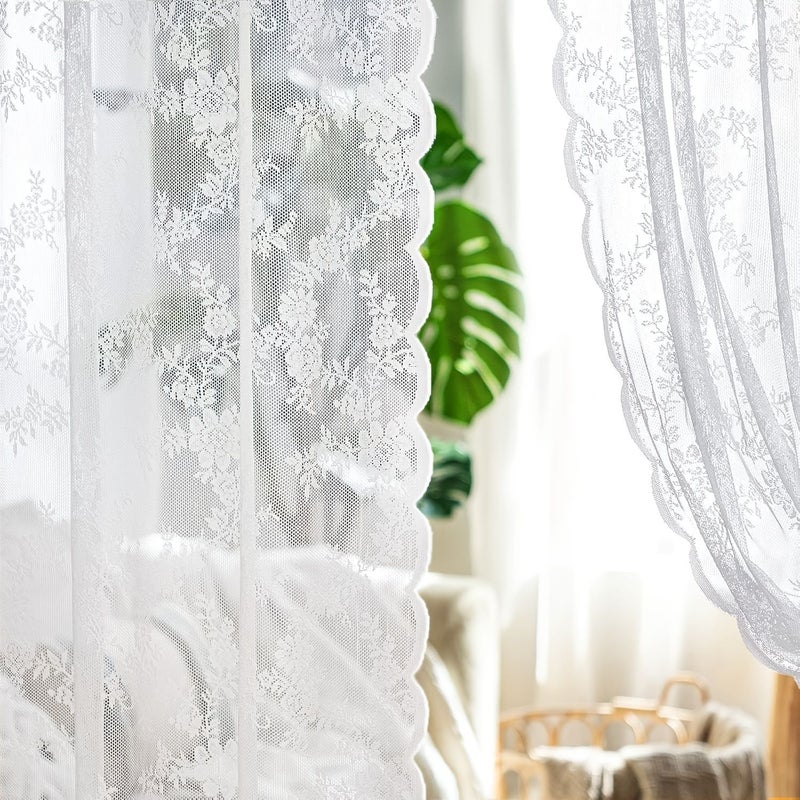 2 Pieces White Lace Sheer Curtains 150x244cm 59x96 Inch Semi Transparent Short Curtains with Pole Bag For Dressing Table Wardrobe Living Room Kitchen Door Outdoor Wedding - Image 4