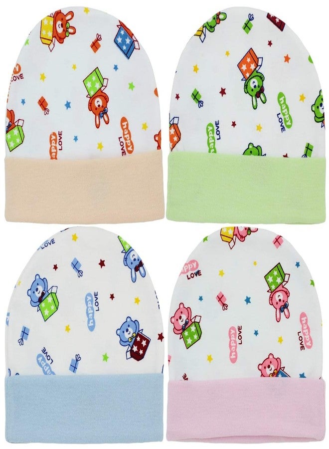 Neska Moda Baby Boys and Girls Pack of 4 Cotton Caps for 0 to 12 Months (Pink,Light Blue,Orange,Light Green) - Image 1