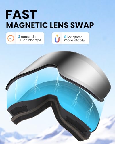 SNOWER Ski Goggles, Interchangeable Lens Anti-Fog Snow Goggles, UV Protection, OTG HD Snowboard Goggles for Men Women Adult - Image 3