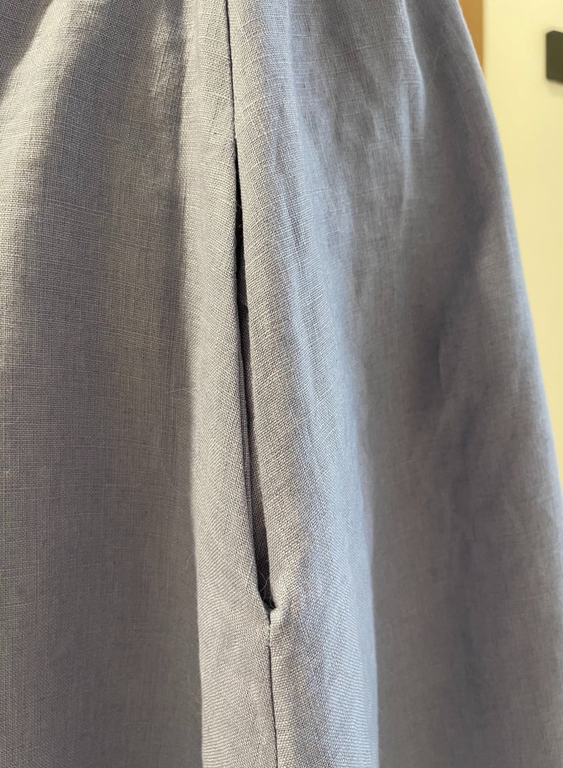 SOLOBUY Linen Dresses, Color Blue, Length Over Knee, V-neck, With Pockets - Image 3