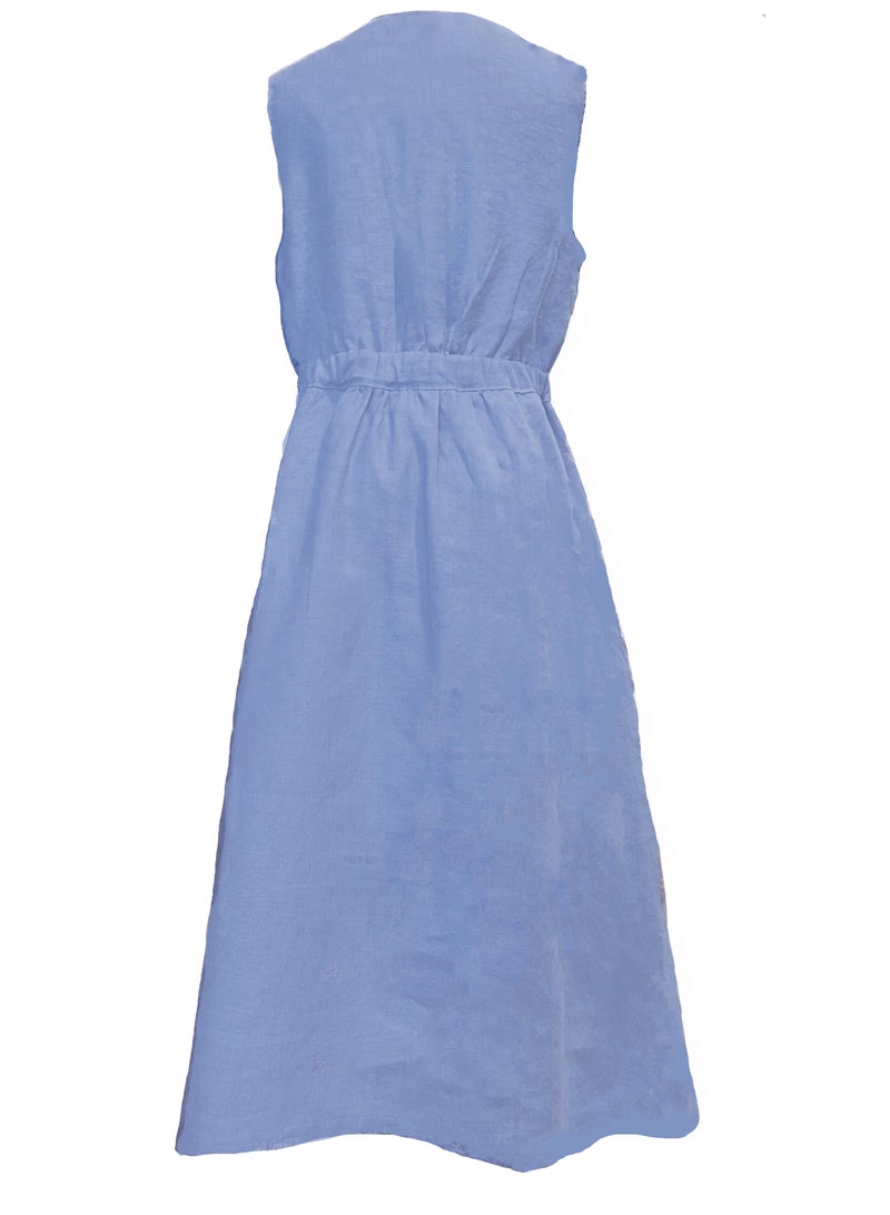 SOLOBUY Linen Dresses, Color Blue, Length Over Knee, V-neck, With Pockets - Image 4