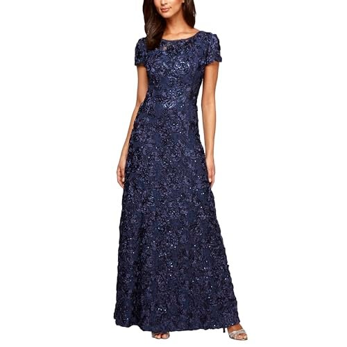 Alex Evenings Women's Long Rosette Mother of The Bride Dress with Short Sleeves, Wedding Guest, Navy, 18 - Image 1