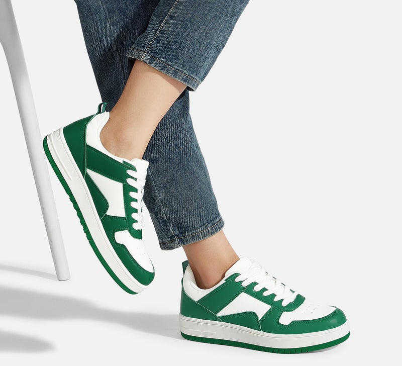 LUCKY STEP Women Fashion Sparkle Rhinestone Sneakers White Leather Low Top Tennis Shoes Lace Up Casual Comfortable Walking Shoe(Green/White,8.5) - Image 2