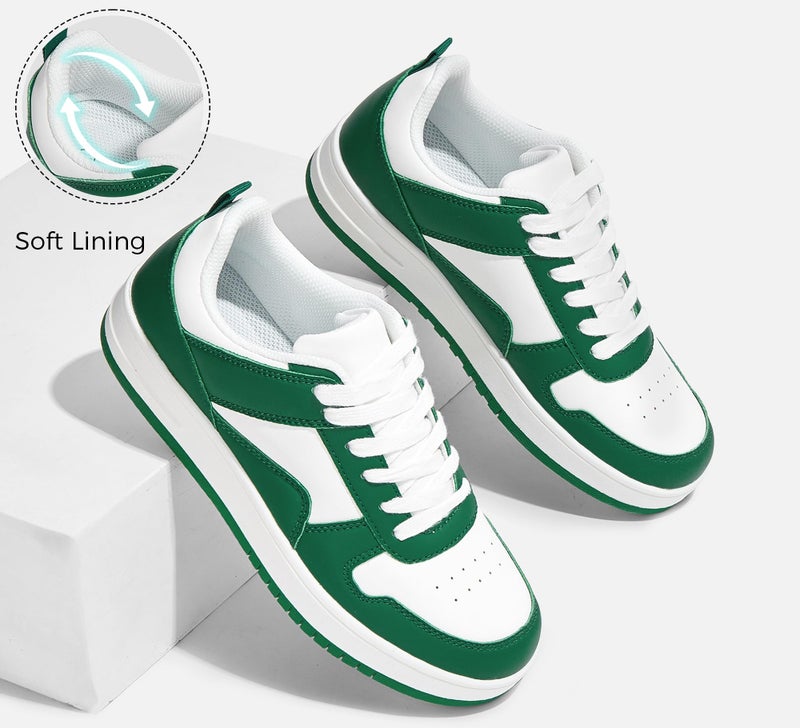 LUCKY STEP Women Fashion Sparkle Rhinestone Sneakers White Leather Low Top Tennis Shoes Lace Up Casual Comfortable Walking Shoe(Green/White,8.5) - Image 3