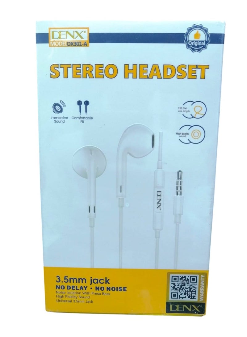 Denx Wired In-Ear Aux Headphone With Mic White DX301-A  - Image 2