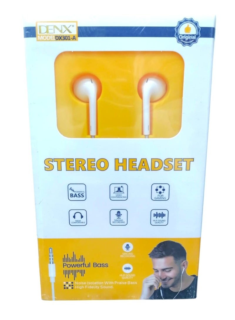 Denx Wired In-Ear Aux Headphone With Mic White DX301-A  - Image 3
