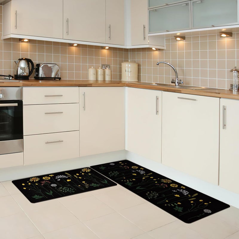 Rempry Colorful Floral Kitchen Mat for Floor Non Slip Kitchen Rugs and Mat Set of 2 Waterproof Cushioned Anti Fatigue Kitchen Mat 17x4717x29 Black - Image 2