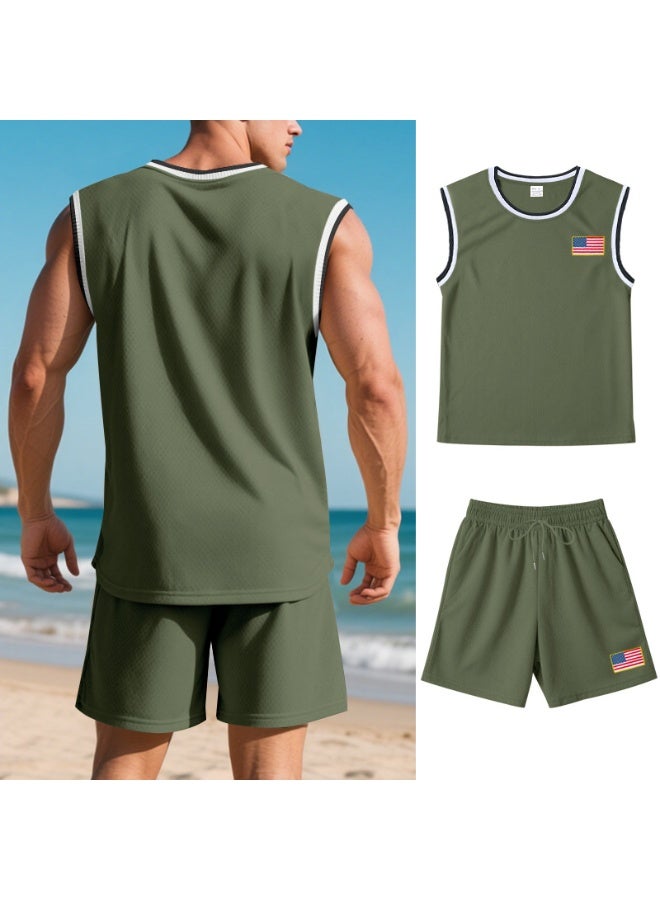 US Summer  Men's Fashion Sleeveless Vest Shorts Outdoor Basketball Sports Set Casual Comfortable Breathable Clothing Set - Image 2