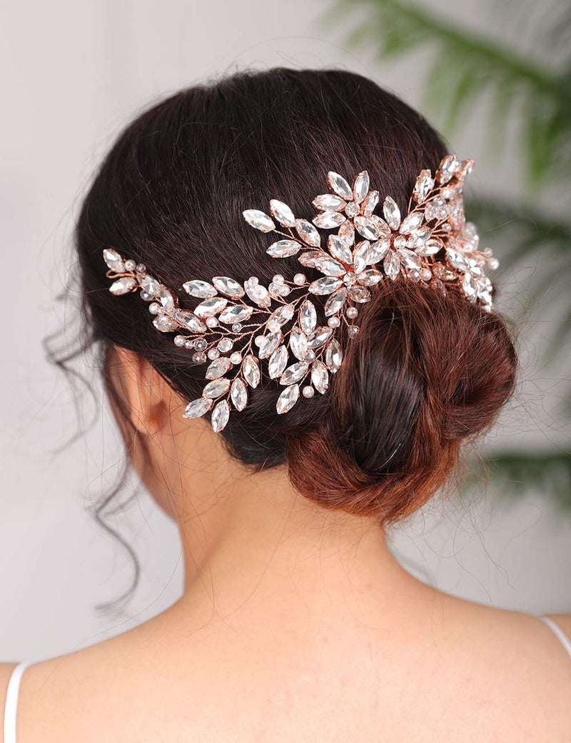 Denifery Rose Gold Bridal Hair Comb Sparkly Rhinestones Pearl Wedding Hair Comb Accessories for Women Girls