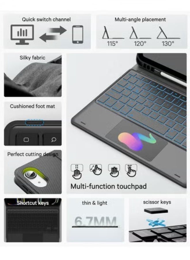 Two-language keyboard, 3-color backlight, multi-touch trackpad, flip stand case with pen holder, for iPad 10th generation 10.9-inch keyboard case, 2 Bluetooth channels, for iPad 10th generation - Image 3