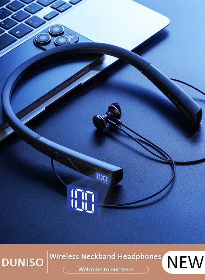DUNISO سماعات رأس لاسلكية حول الرقبة تعمل بتقنية البلوتوث 5.0 لإجراء مكالمات هاتفية مع وقت تشغيل إضافي طويل يصل إلى 200 ساعة وسماعات أذن لاسلكية حول الرقبة مقاومة للماء لنظامي التشغيل IOS وAndroid - Image 1