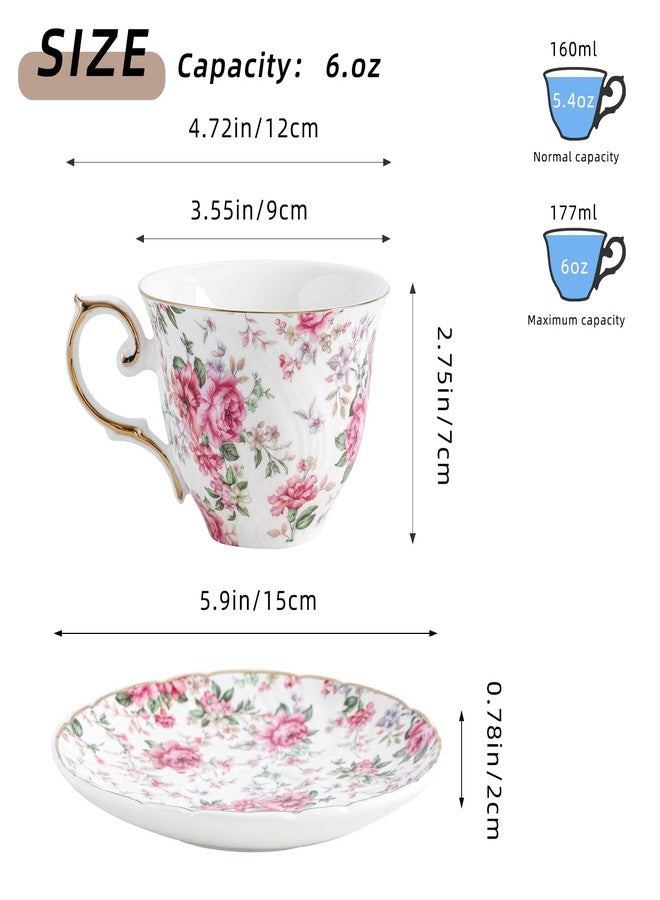 Agyiuns tea cups and saucers ceramic coffee mug 6oz for Coffee, Latte, Cafe Mocha and Tea-Set of 4 (Big flowers-Set of 4) - Image 2