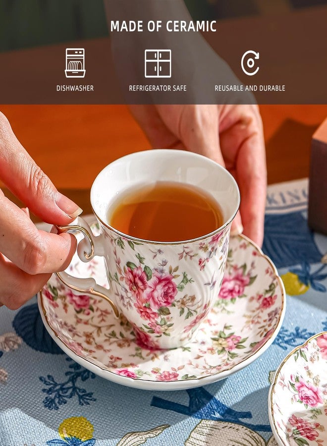 Agyiuns tea cups and saucers ceramic coffee mug 6oz for Coffee, Latte, Cafe Mocha and Tea-Set of 4 (Big flowers-Set of 4) - Image 3