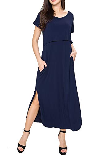 Smallshow Women's Maternity Nursing Dresses Split Long Dress for Breastfeeding Medium Dark Blue - Image 5