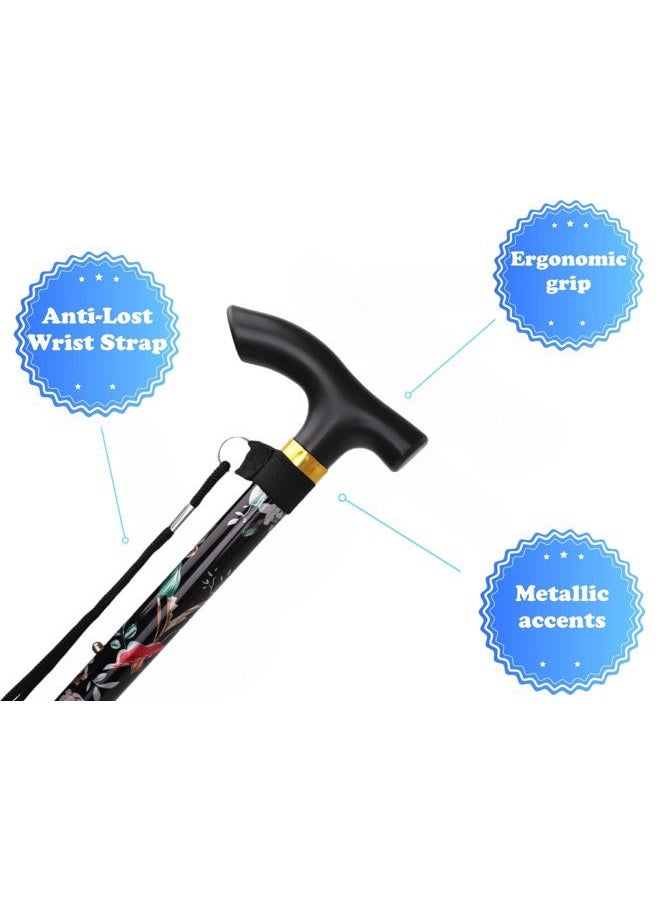Comfkey Folding Lightweight Walking Stick - Adjustable Aluminum Metal Collapsible Travel Cane with Non-Slip Rubber Base (Black Floral) - Image 2