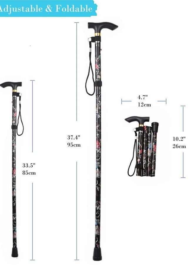 Comfkey Folding Lightweight Walking Stick - Adjustable Aluminum Metal Collapsible Travel Cane with Non-Slip Rubber Base (Black Floral) - Image 3