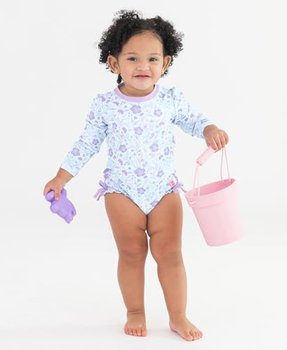 RuffleButts Baby Girls UPF 50 Sun Protection Floral Printed Long Sleeve One Piece Rash Guard Swimsuit with Zipper Fairytale Garden 2T - Image 3