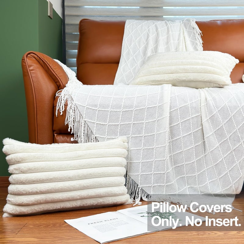 COTEY 12x20 Throw Pillow Covers Set of 2, Decorative Faux Fur Covers for Bed, Couch Soft Fluffy Pillow Cover with Velvet Back for Living Room, Neutral Home DÃ©cor Accent for Sofa - Cream White - Image 2