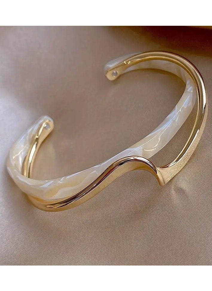 Goolsky 18K Gold Plated Wave Shape Cuff Bangle Inlaid Faux Pearl, Women's Minimalist Style Jewelry  - Image 1