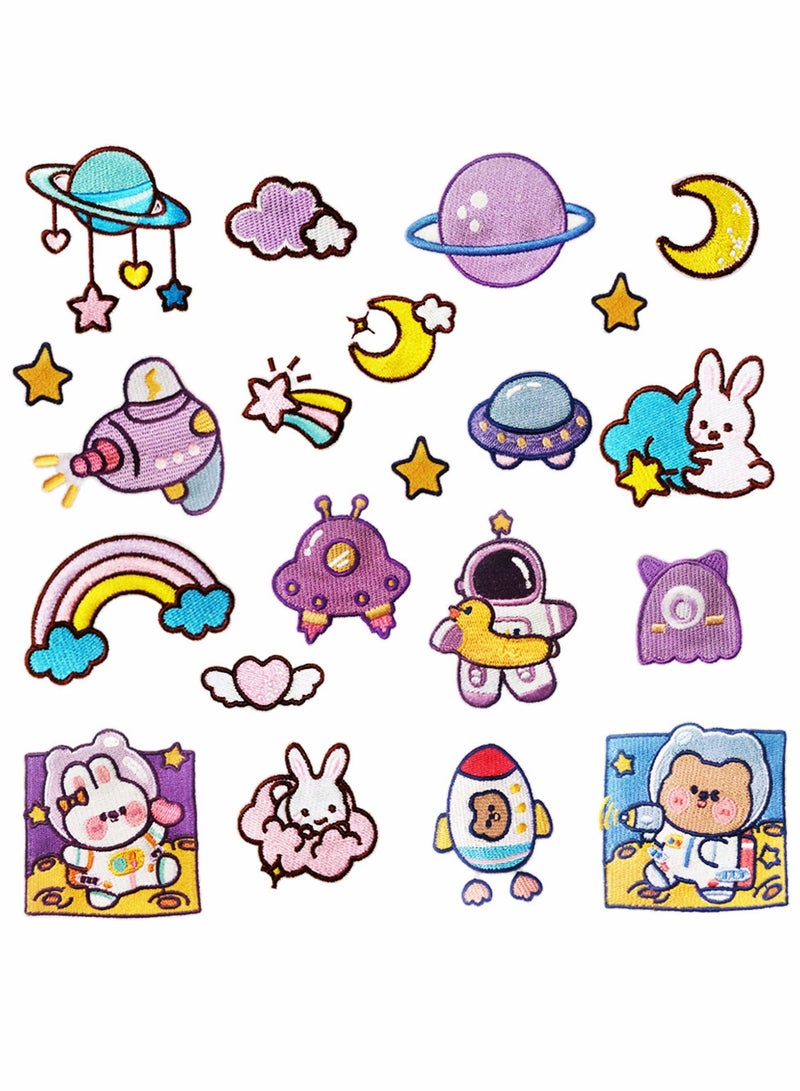 Y&D Purple Space Astronaut Iron On Patches Applique Stickers Starry Sky Rabbit Bear Embroidered for Clothes Jacket T-Shirt DIY Accessories Shoes 21 PCS - Image 1