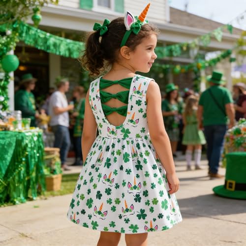 Popshion Girls St Patrick‘s Day Dress Clover Swing Dresses Toddler Summer Clothes Kids Shamrock Print Sleeveless Green Irish Party Outfit 5-6T/1817 - Image 4