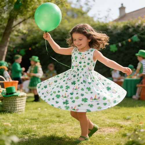 Popshion Girls St Patrick‘s Day Dress Clover Swing Dresses Toddler Summer Clothes Kids Shamrock Print Sleeveless Green Irish Party Outfit 5-6T/1817 - Image 3