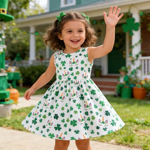 Popshion Girls St Patrick‘s Day Dress Clover Swing Dresses Toddler Summer Clothes Kids Shamrock Print Sleeveless Green Irish Party Outfit 5-6T/1817 - Image 2