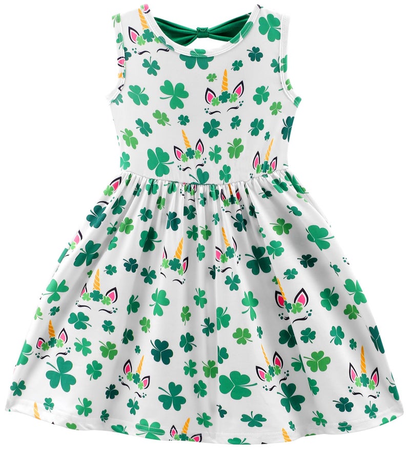 Popshion Girls St Patrick‘s Day Dress Clover Swing Dresses Toddler Summer Clothes Kids Shamrock Print Sleeveless Green Irish Party Outfit 5-6T/1817 - Image 1
