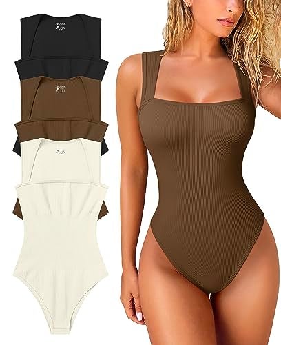 OQQ Women's 3 Piece Bodysuits Sexy Ribbed Strappy Square Neck Sleeveless Tummy Control Tank Tops Bodysuits Black Coffee Beige - Image 1