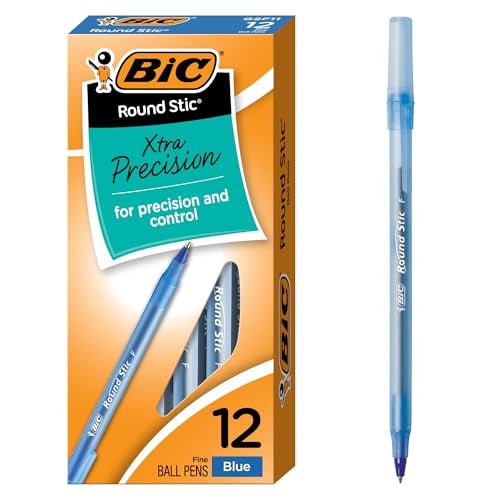 BIC Round Stic Xtra Precision Fine Blue Ballpoint Pens, Medium Point (0.8 mm), 12-Count Pack, Excellent Writing Pens - Image 1