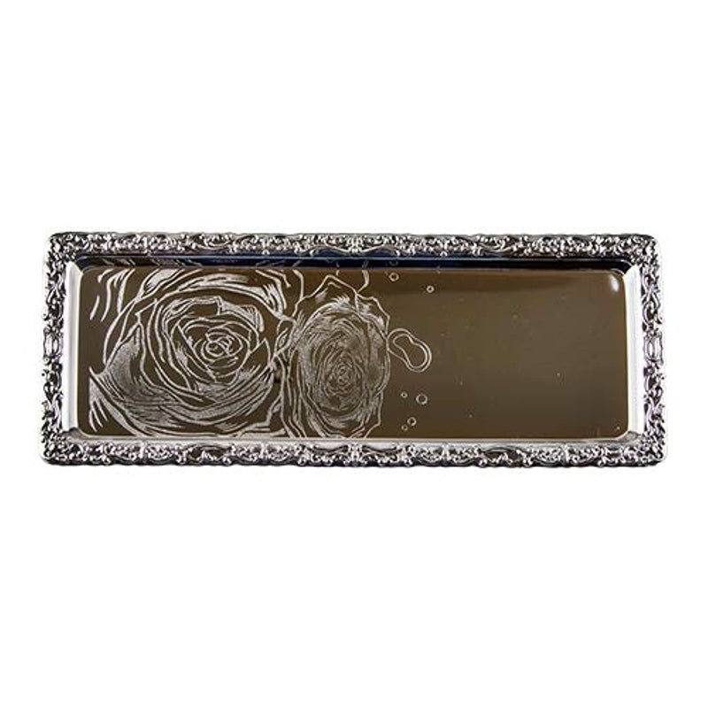 Soleter 3-Piece Chrome Plated Metal Serving Tray Set – Rectangular Stainless Steel Trays with Handles & Engraved Rose Pattern, Ornate Decorative Border, Premium Home Decor for Entertaining, Weddings & Special Occasions - Image 2