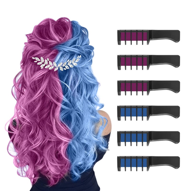 MSDADA Hair Chalk Comb, 6 Pcs Fluorescent Purple & Blue, Temporary Bright Washable Hair Color Dye for Girls Kids, Christmas Birthday Easter Halloween Gifts for Girls Kids-New - Image 1