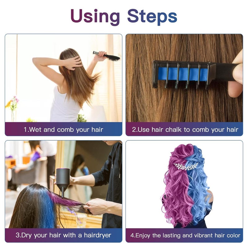 MSDADA Hair Chalk Comb, 6 Pcs Fluorescent Purple & Blue, Temporary Bright Washable Hair Color Dye for Girls Kids, Christmas Birthday Easter Halloween Gifts for Girls Kids-New - Image 4