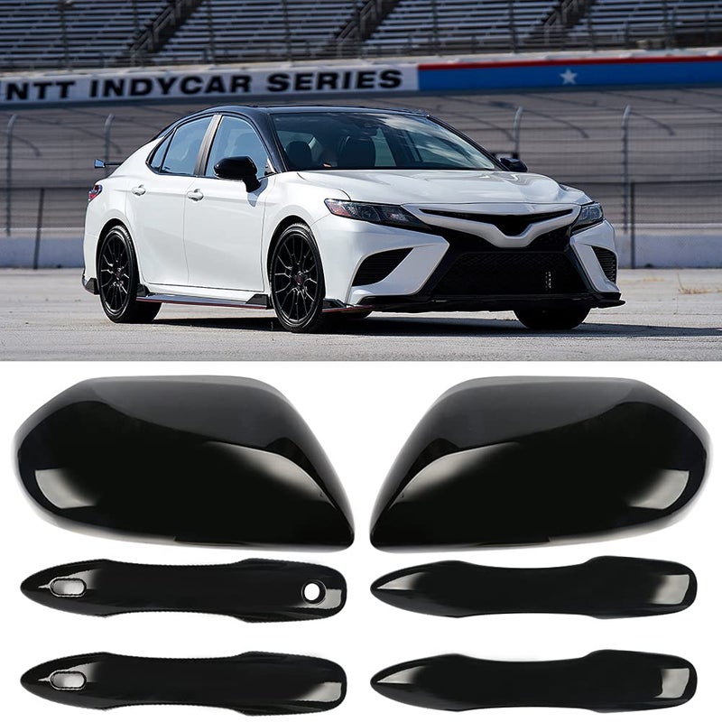 SPORTULI Black Side Door Mirror Caps + Door Handle Covers Replace for 2018 2019 2020 2021 2022 2023 2024 2025 Toyota Camry Accessories, with Smart Key Holes (Black) - Image 1