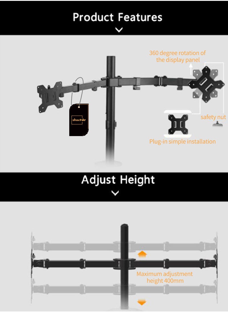Sharpdo - Dual Monitor Desk Mount, Heavy Duty Fully Adjustable Stand, Fits 2 LCD LED Screens 17-30 inches, Black, M022 - Image 1