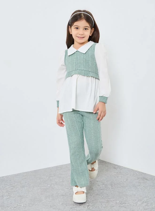 Styli Styli Girls Collared Top and Ribbed Leggings Set
