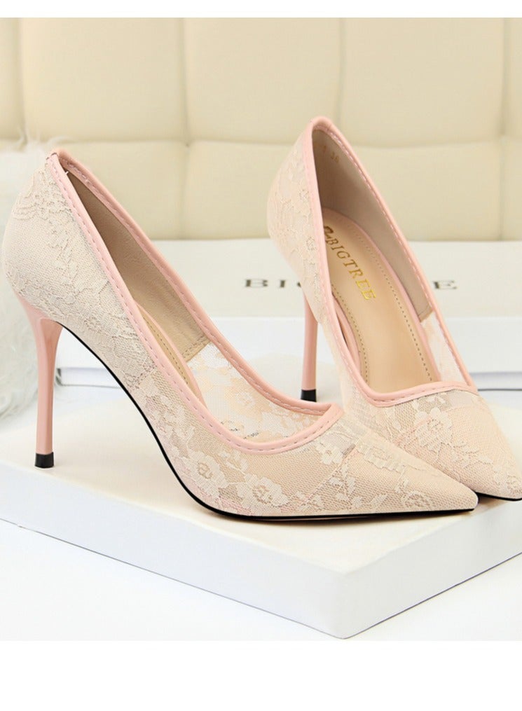 BIGTREE Women's Elegant Lace Stiletto Pumps 9CM Elegant Gorgeous Closed Pointed Toe Slip On Solid High Heels Pale Pink - Image 2
